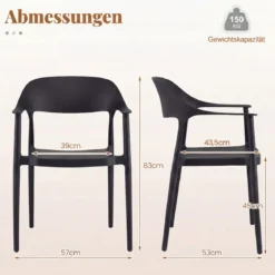 Stapelbare Esszimmerstühle bis 150 kg Belastbar Küchenstuhl aus Kunststoff Stapelstühle Schwarz