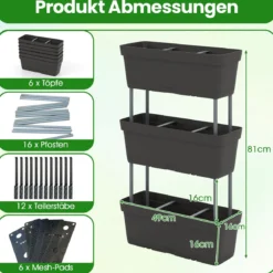 6 Stück Blumenkästen mit Drainagesystem Pflanzkästen Vertikales Hochbeet Pflanzkübel Schwarz