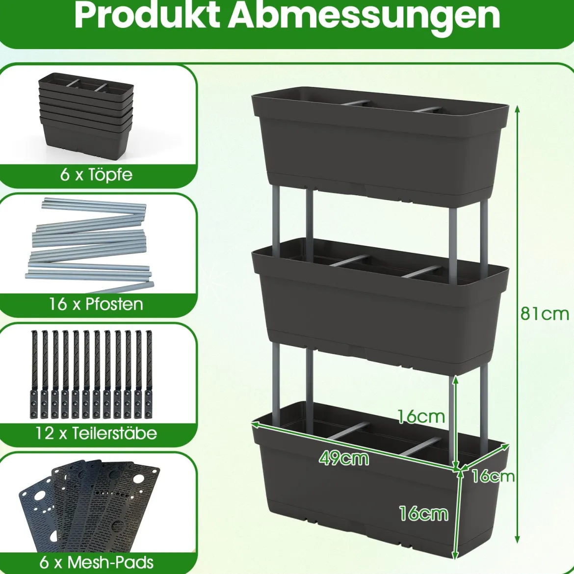 6 Stück Blumenkästen mit Drainagesystem Pflanzkästen Vertikales Hochbeet Pflanzkübel Schwarz