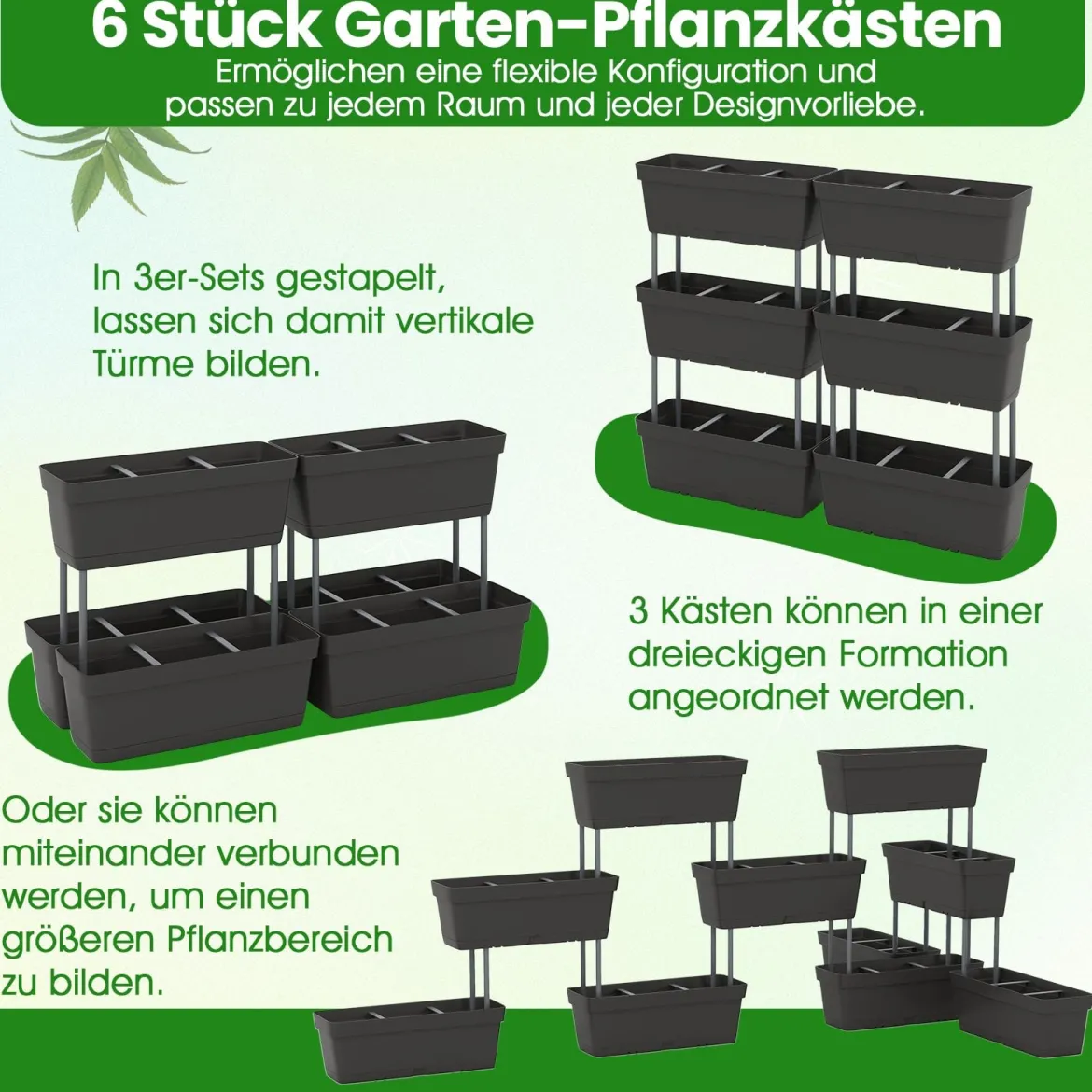 6 Stück Blumenkästen mit Drainagesystem Pflanzkästen Vertikales Hochbeet Pflanzkübel Schwarz