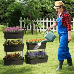 6 Stück Blumenkästen mit Drainagesystem Pflanzkästen Vertikales Hochbeet Pflanzkübel Schwarz