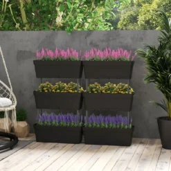 6 Stück Blumenkästen mit Drainagesystem Pflanzkästen Vertikales Hochbeet Pflanzkübel Schwarz