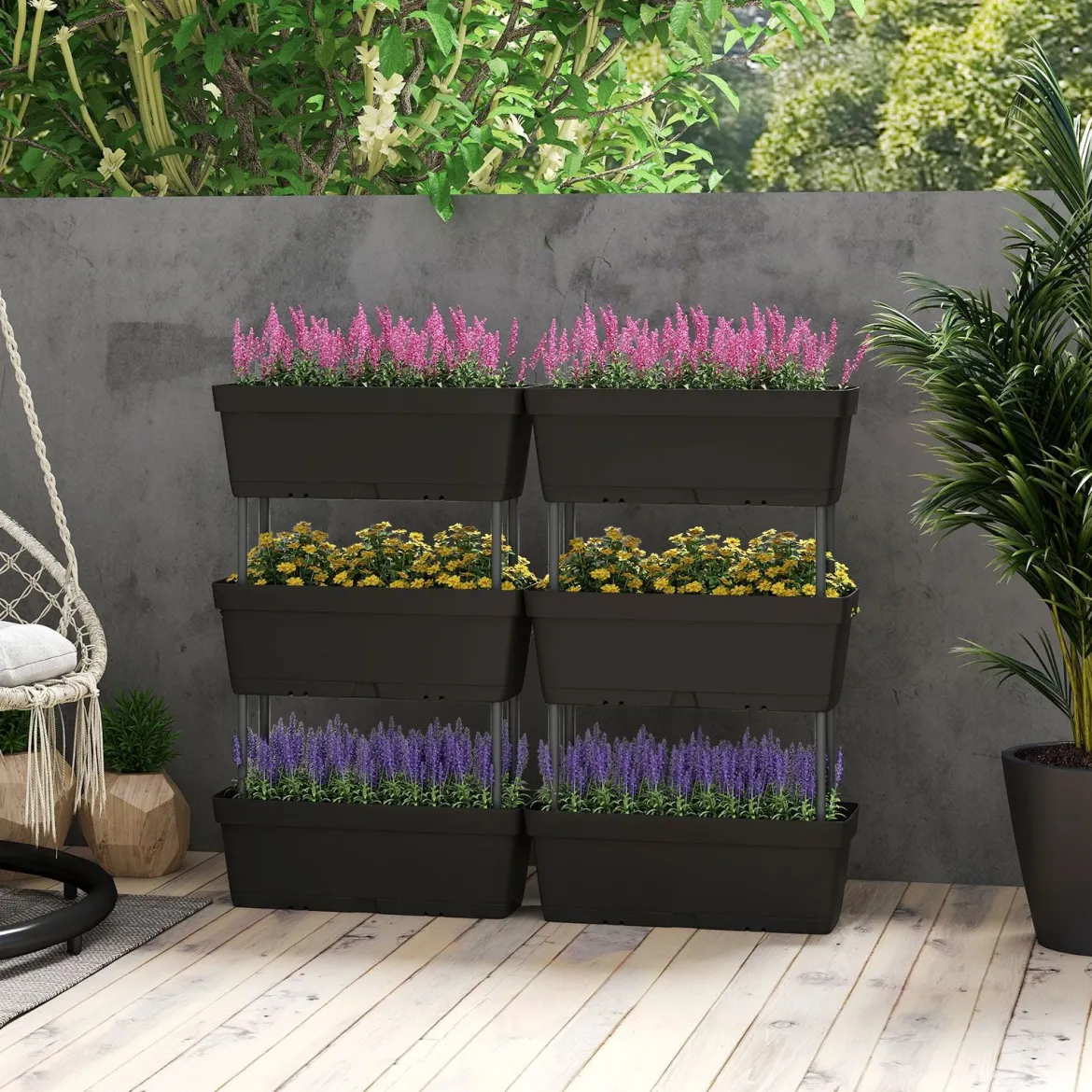 6 Stück Blumenkästen mit Drainagesystem Pflanzkästen Vertikales Hochbeet Pflanzkübel Schwarz