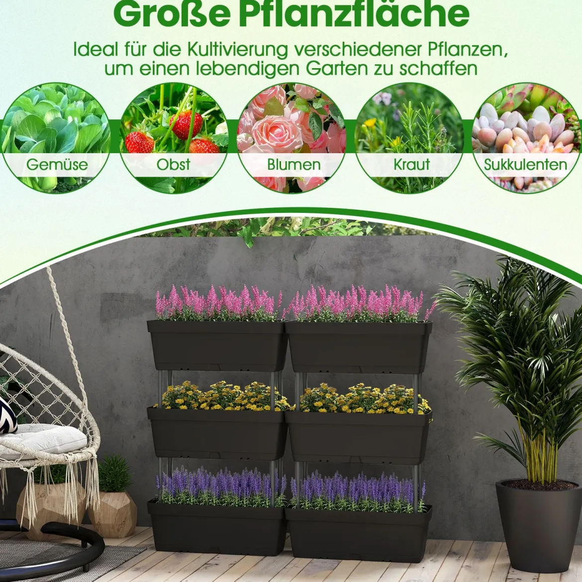 6 Stück Blumenkästen mit Drainagesystem Pflanzkästen Vertikales Hochbeet Pflanzkübel Schwarz