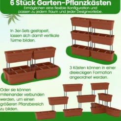 6 Stück Blumenkästen mit Drainagesystem Pflanzkästen Vertikales Hochbeet Pflanzkübel Braun