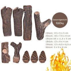 9 Stück Gas-Kamin Scheite Künstliche Brennholz aus Keramik für Propan- & Gasöfen & Elektrokamin