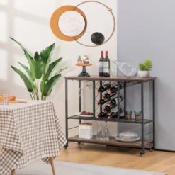 3-stöckige Hausbar Industrieller Servierwagen mit Weinregal 100 x 40 x 87 cm Braun + Schwarz