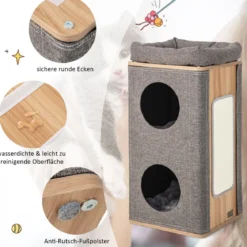 3-stöckige Katzenhöhle mit Kratzbrett & 3 Matten Spieltonne für Katzen bis 20 kg Grau + Natur