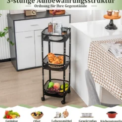 3-Stöckiger Allzweck-Rollwagen Obst- oder Gemüsekorbständer 37,5 x 37,5 x 87 cm Schwarz