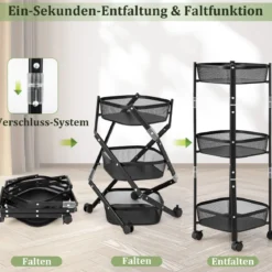 3-Stöckiger Allzweck-Rollwagen Obst- oder Gemüsekorbständer 37,5 x 37,5 x 87 cm Schwarz