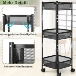 3-Stöckiger Allzweck-Rollwagen Obst- oder Gemüsekorbständer 37,5 x 37,5 x 87 cm Schwarz