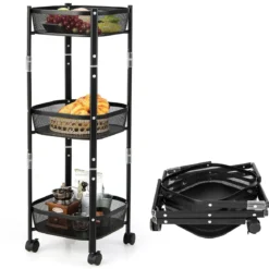 3-Stöckiger Allzweck-Rollwagen Obst- oder Gemüsekorbständer 37,5 x 37,5 x 87 cm Schwarz