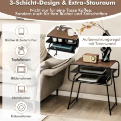 3-stöckiger Beistelltisch mit Aufbewahrungsregal Industrieller Tisch 50 x 40 x 55 cm Natur + Schwarz