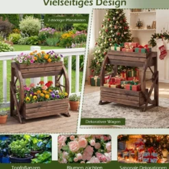 2-stöckiger Blumenkasten rustikaler Holz-Wagen-Pflanzkasten mit Ablauföffnungen Kaffee