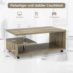 3-stöckiger Couchtisch moderner Konsolentisch mit 4 Rollen Beistelltisch mit Aufbewahrungsregal Braun