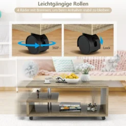 3-stöckiger Couchtisch moderner Konsolentisch mit 4 Rollen Beistelltisch mit Aufbewahrungsregal Braun