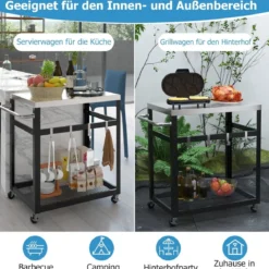 2-stöckiger Grillwagen aus Edelstahl mit Rädern & Griff & Haken Outdoor-Wagen Arbeitstisch