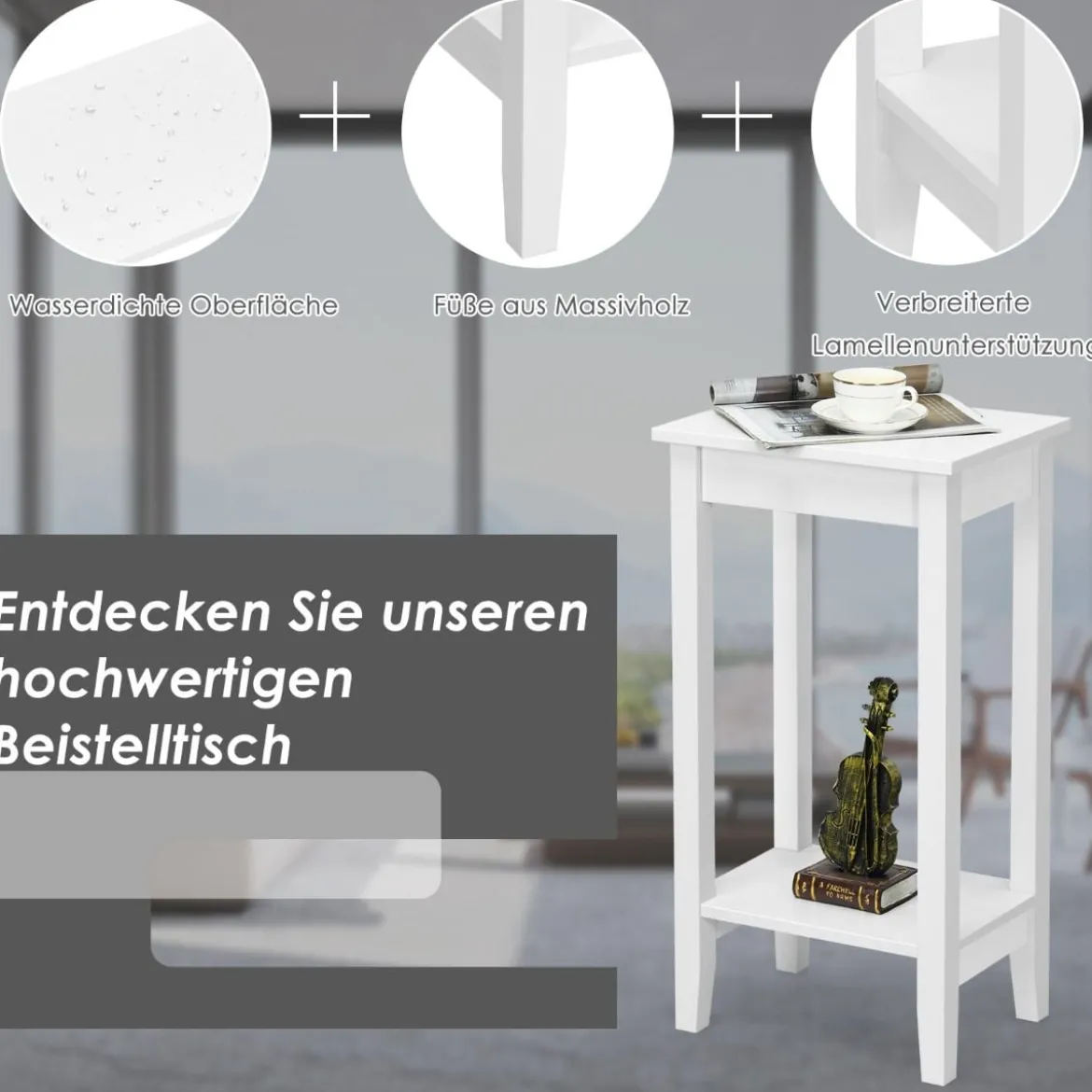 2-stöckiger hoher Beistelltisch Rechteckiger Couchtisch holz Weiß