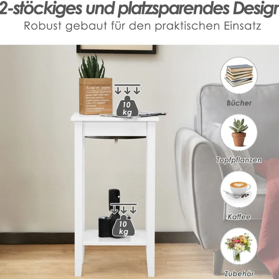 2-stöckiger hoher Beistelltisch Rechteckiger Couchtisch holz Weiß