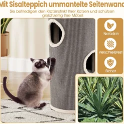 4-stöckiger Katzenkratzbaum mehrstöckiges Katzenhaus mit Sisal-Kratzbrett kuscheligem Schlafplatz fassförmiger Katzenturm Grau