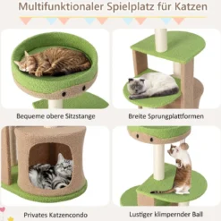 5-stöckiger Kratzbaum aus Holz & Plüschstoff mit Sitzplattform & Ball & Katzenhöhle & Sisalpfosten