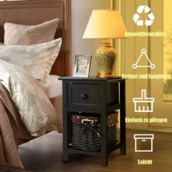 2-Stöckiger Nachttisch aus Holz mit Schublade und Korb stilvollenund modernen Design Ideal für das Schlaf- und Wohnzimmer Schwarz