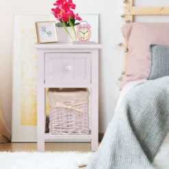 2-Stöckiger Nachttisch aus Holz mit Schublade und Korb stilvollenund modernen Design Ideal für das Schlaf- und Wohnzimmer Weiß