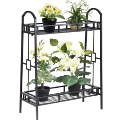 2-stöckiger Pflanzenständer aus Metall freistehendes Blumenregal Standregal Schwarz