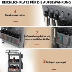 3-stöckiger Rollwagen Metallwagen mit 2 Steckplatten & 2 Körben & 4 Haken Grau