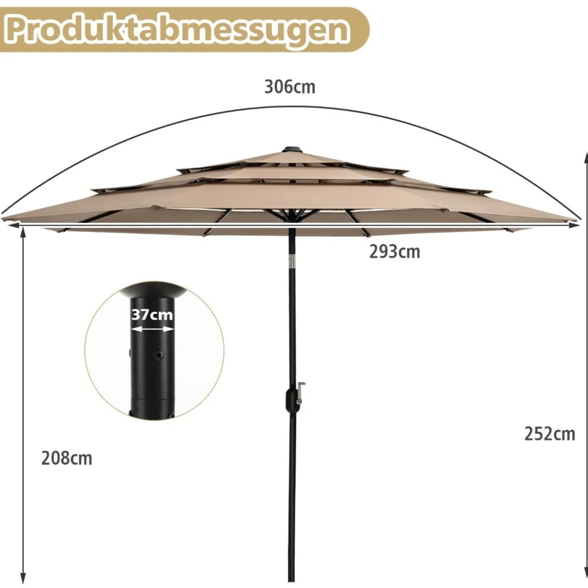 3-Stöckiger Terrassenschirm Doppelt Belüfteter Außenschirm 306 x 306 x 252 cm Braun