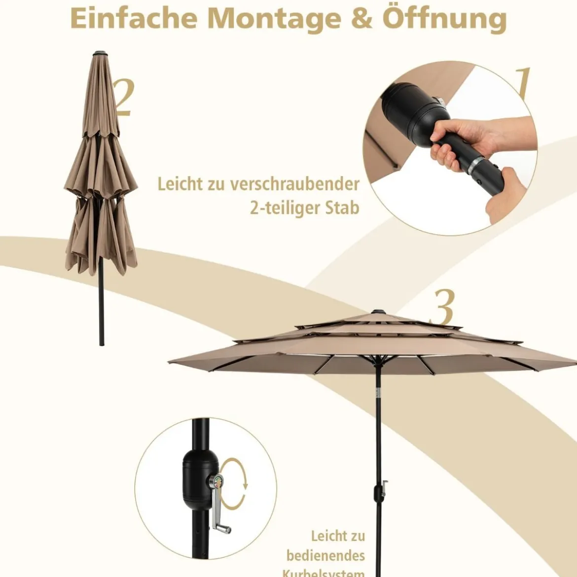 3-Stöckiger Terrassenschirm Doppelt Belüfteter Außenschirm 306 x 306 x 252 cm Braun