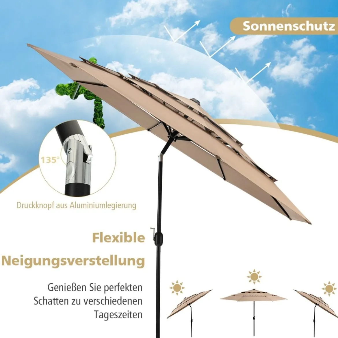 3-Stöckiger Terrassenschirm Doppelt Belüfteter Außenschirm 306 x 306 x 252 cm Braun