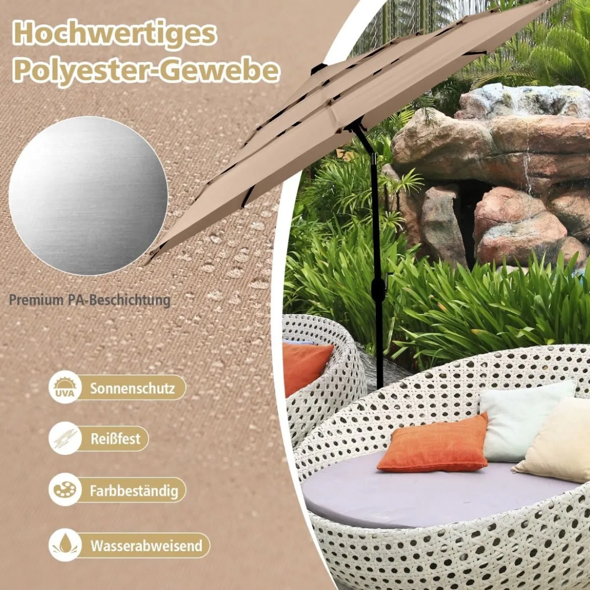 3-Stöckiger Terrassenschirm Doppelt Belüfteter Außenschirm 306 x 306 x 252 cm Braun