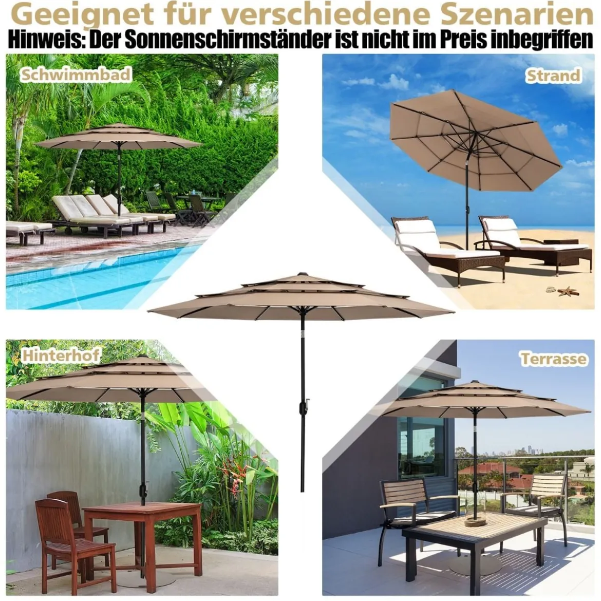 3-Stöckiger Terrassenschirm Doppelt Belüfteter Außenschirm 306 x 306 x 252 cm Braun