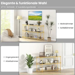3-stöckiger TV-Schrank Fernsehtisch für Fernseher bis zu 65 Zoll Gold 140 x 41 x 82 cm