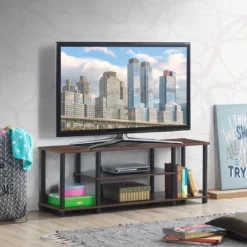 3-Stöckiger TV Ständer mit Massivem Metallrahmen und Offenen Spanplattenregalen Kaffee