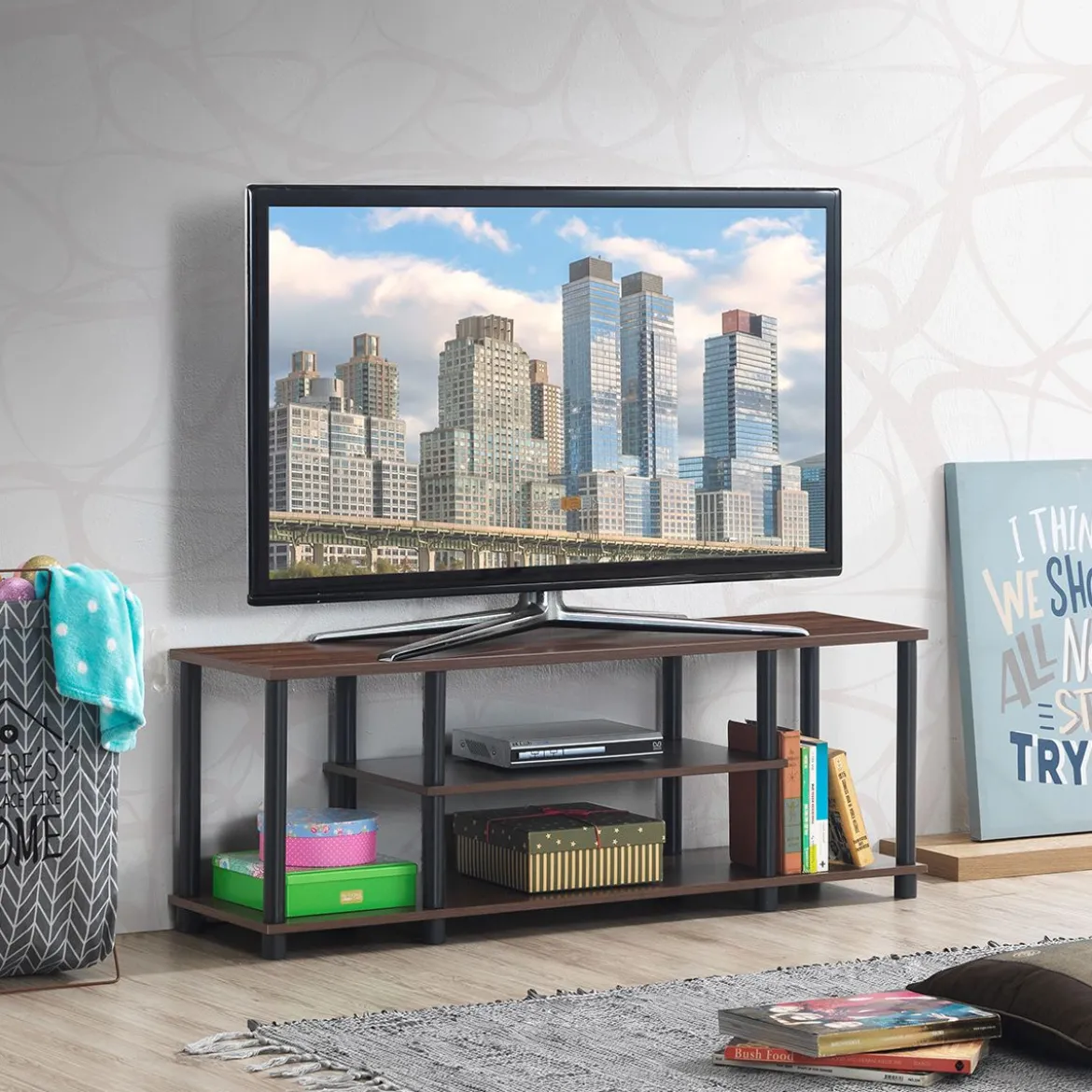 3-Stöckiger TV Ständer mit Massivem Metallrahmen und Offenen Spanplattenregalen Kaffee
