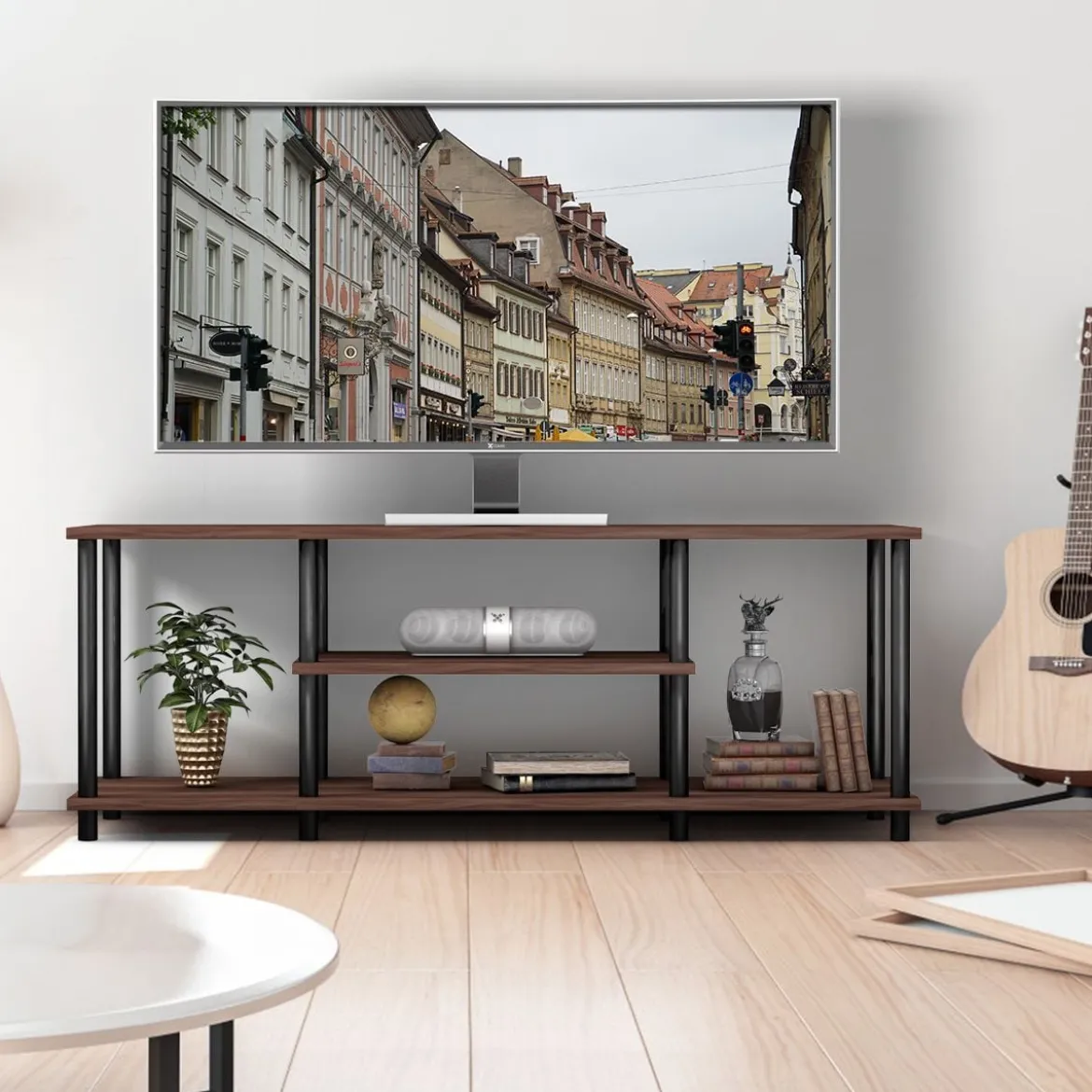 3-Stöckiger TV Ständer mit Massivem Metallrahmen und Offenen Spanplattenregalen Kaffee