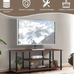 3-Stöckiger TV Ständer mit Massivem Metallrahmen und Offenen Spanplattenregalen Kaffee