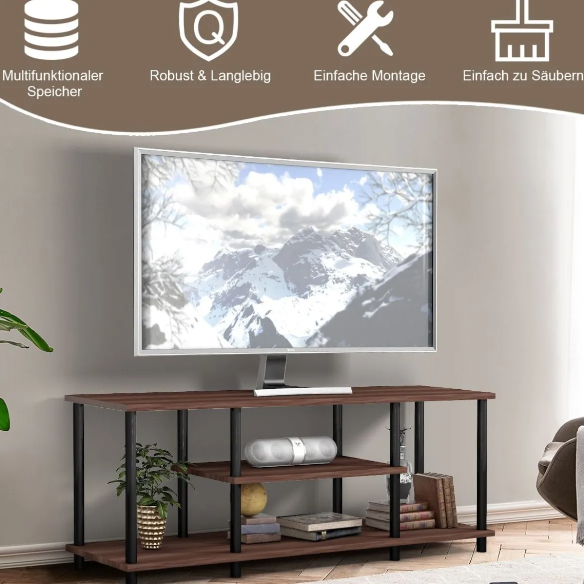 3-Stöckiger TV Ständer mit Massivem Metallrahmen und Offenen Spanplattenregalen Kaffee