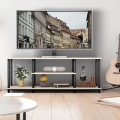 3-Stöckiger TV Ständer mit Massivem Metallrahmen und Offenen Spanplattenregalen Grau