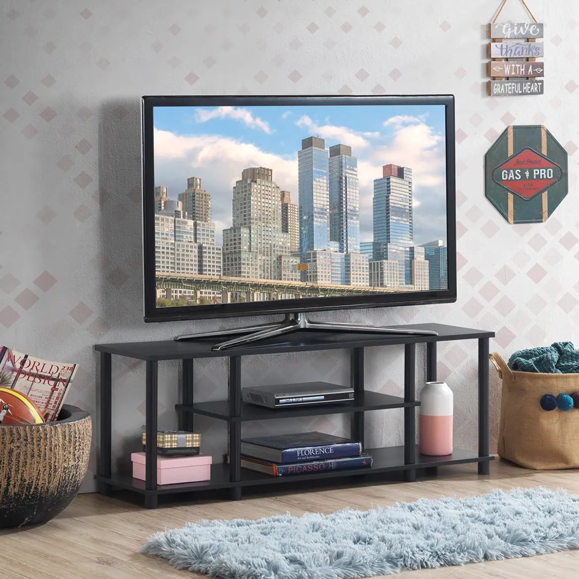 3-Stöckiger TV Ständer mit Massivem Metallrahmen und Offenen Spanplattenregalen Schwarz