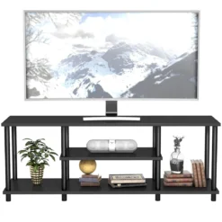 3-Stöckiger TV Ständer mit Massivem Metallrahmen und Offenen Spanplattenregalen Schwarz