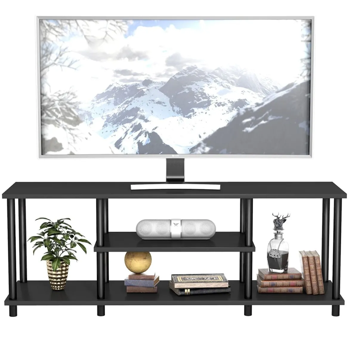 3-Stöckiger TV Ständer mit Massivem Metallrahmen und Offenen Spanplattenregalen Schwarz
