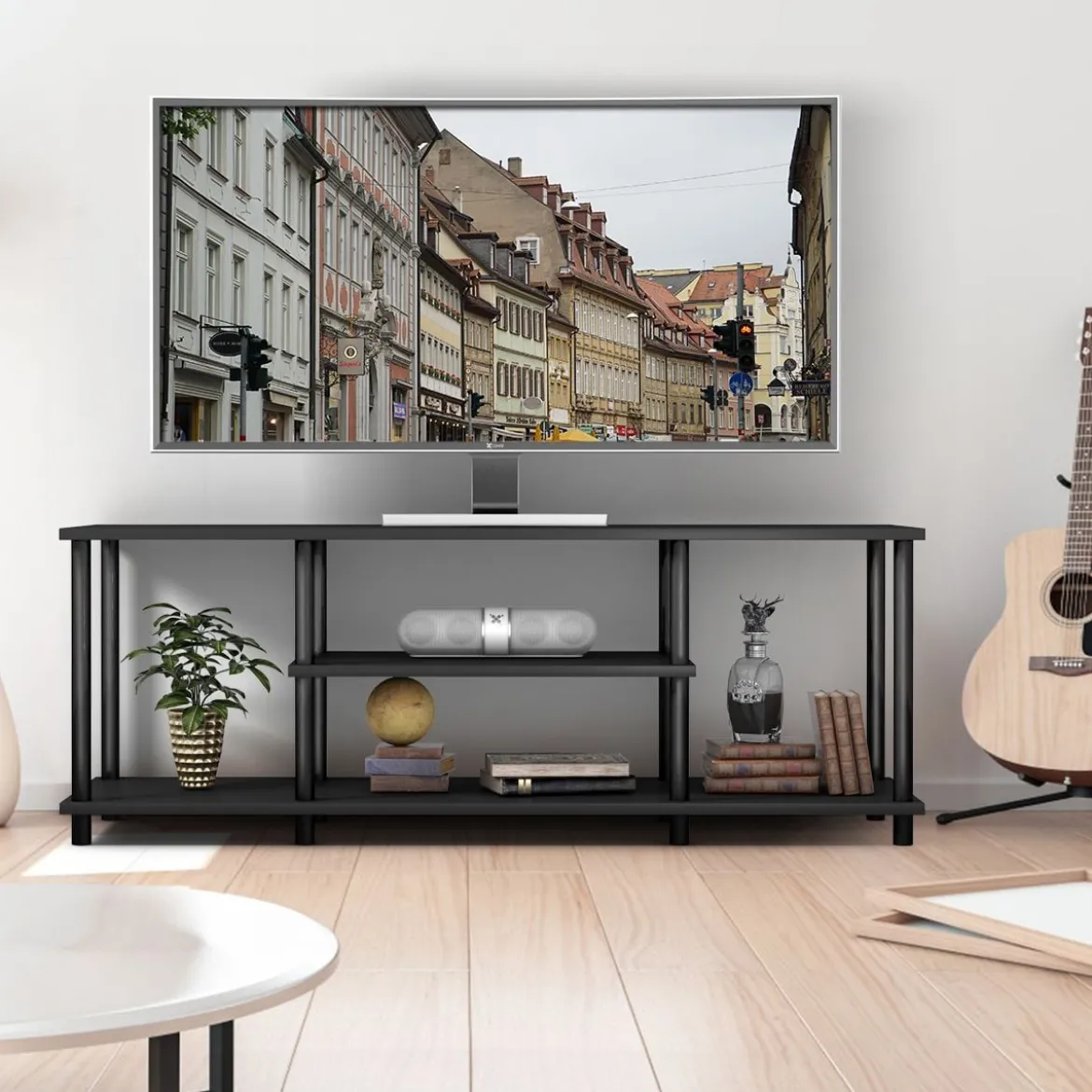 3-Stöckiger TV Ständer mit Massivem Metallrahmen und Offenen Spanplattenregalen Schwarz