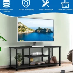 3-Stöckiger TV Ständer mit Massivem Metallrahmen und Offenen Spanplattenregalen Schwarz