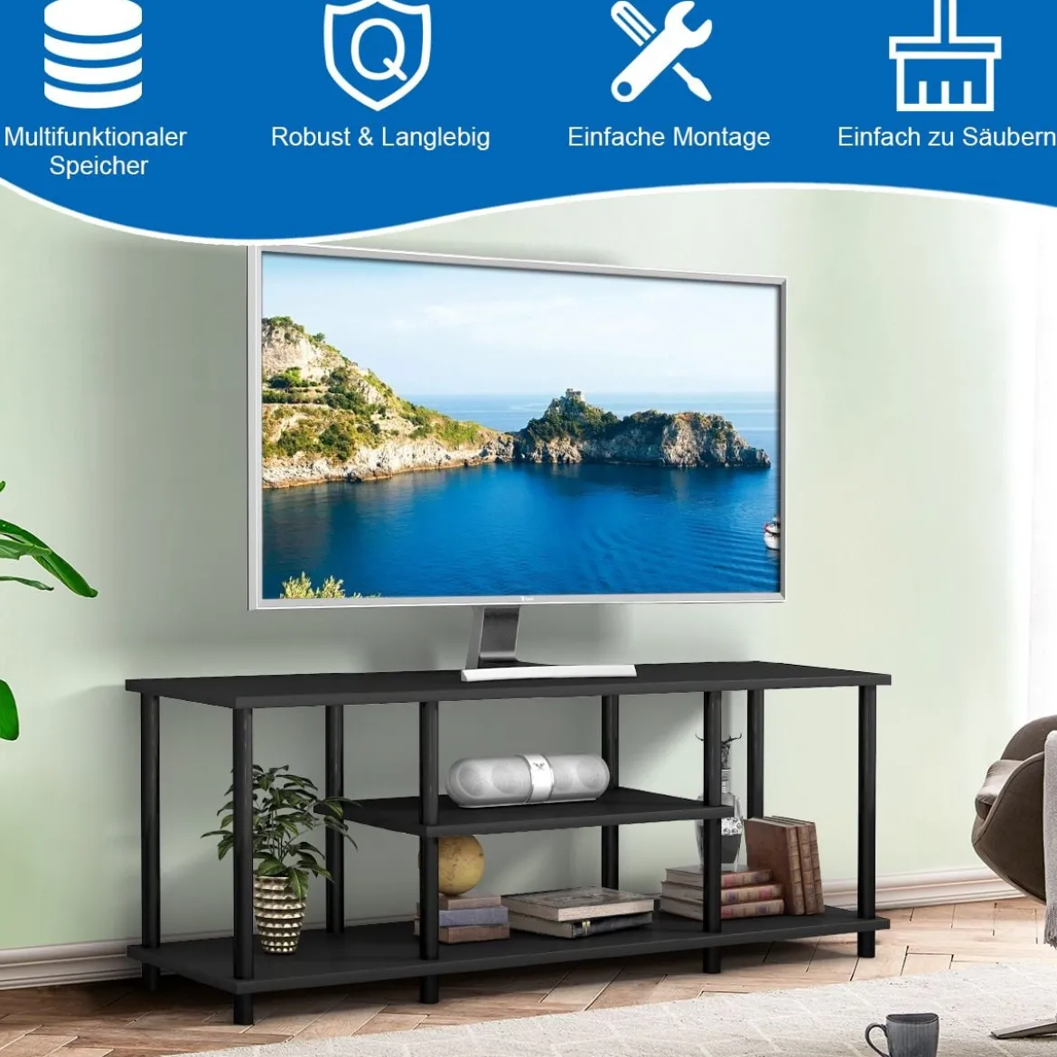 3-Stöckiger TV Ständer mit Massivem Metallrahmen und Offenen Spanplattenregalen Schwarz