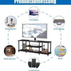 3-Stöckiger TV Ständer mit Massivem Metallrahmen und Offenen Spanplattenregalen Schwarz