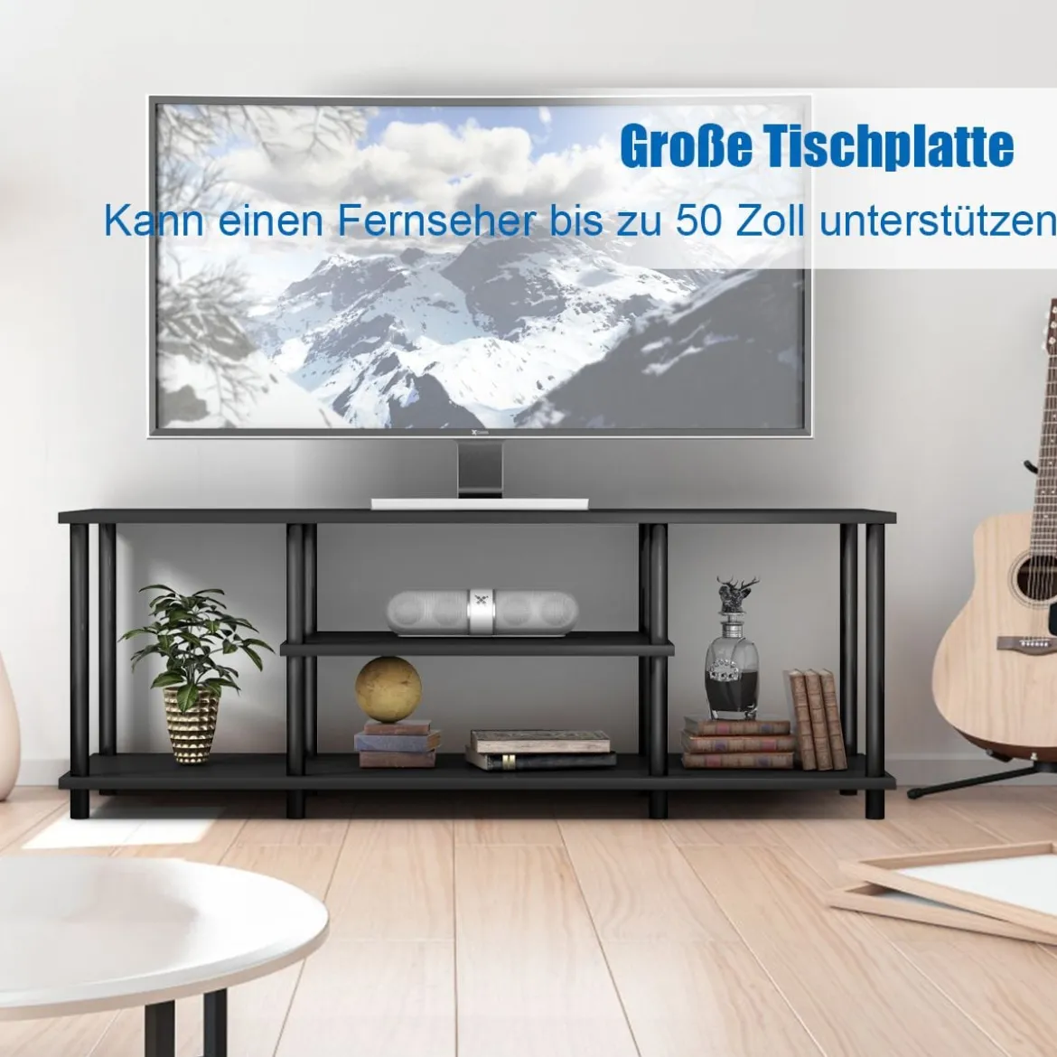 3-Stöckiger TV Ständer mit Massivem Metallrahmen und Offenen Spanplattenregalen Schwarz