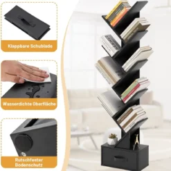 10-stöckiges Baum-Bücherregal mit Schublade Bodenstehendes Lagerregal Schwarz